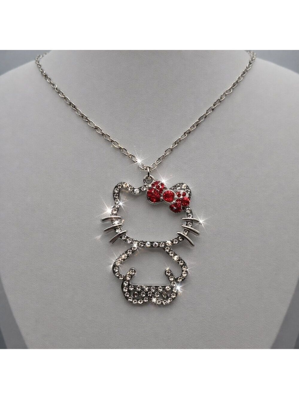 Hello Kitty Red Bow Crystal Pendant Silver Chain Crystal Rhinestone Cute